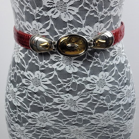 Vintage 90s Red Leather Genuine Snake Skin Belt with Gold & Silver Toned Clasp S - Picture 1 of 9